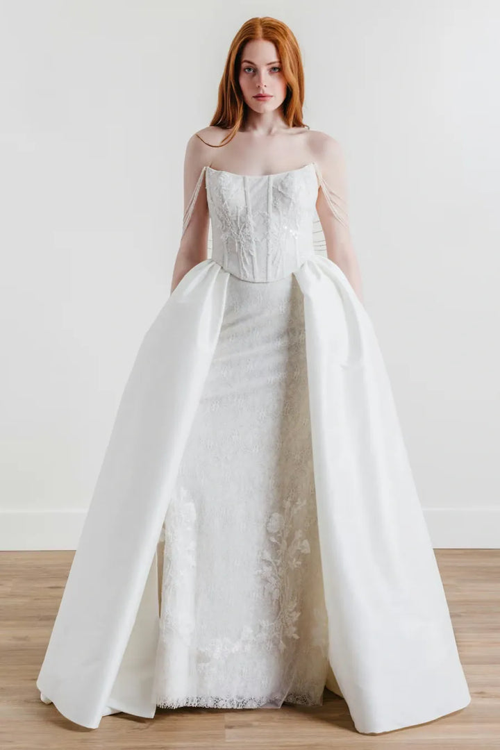 full front of willowby goldie ivory lace sheath wedding dress with a matching satin overskirt