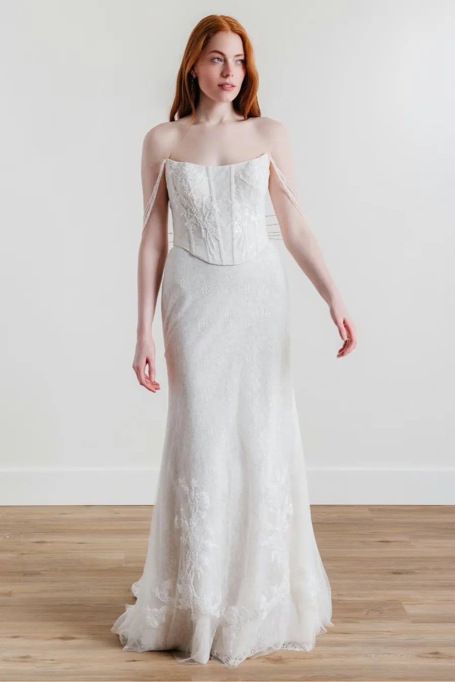full front of willowby goldie ivory lace sheath wedding dress, shown without the matching satin overskirt