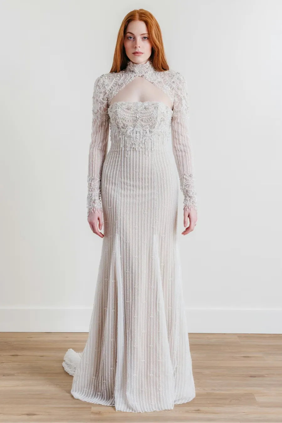 full front of willowby jade silver beaded sheath wedding dress with a matching long sleeve topper