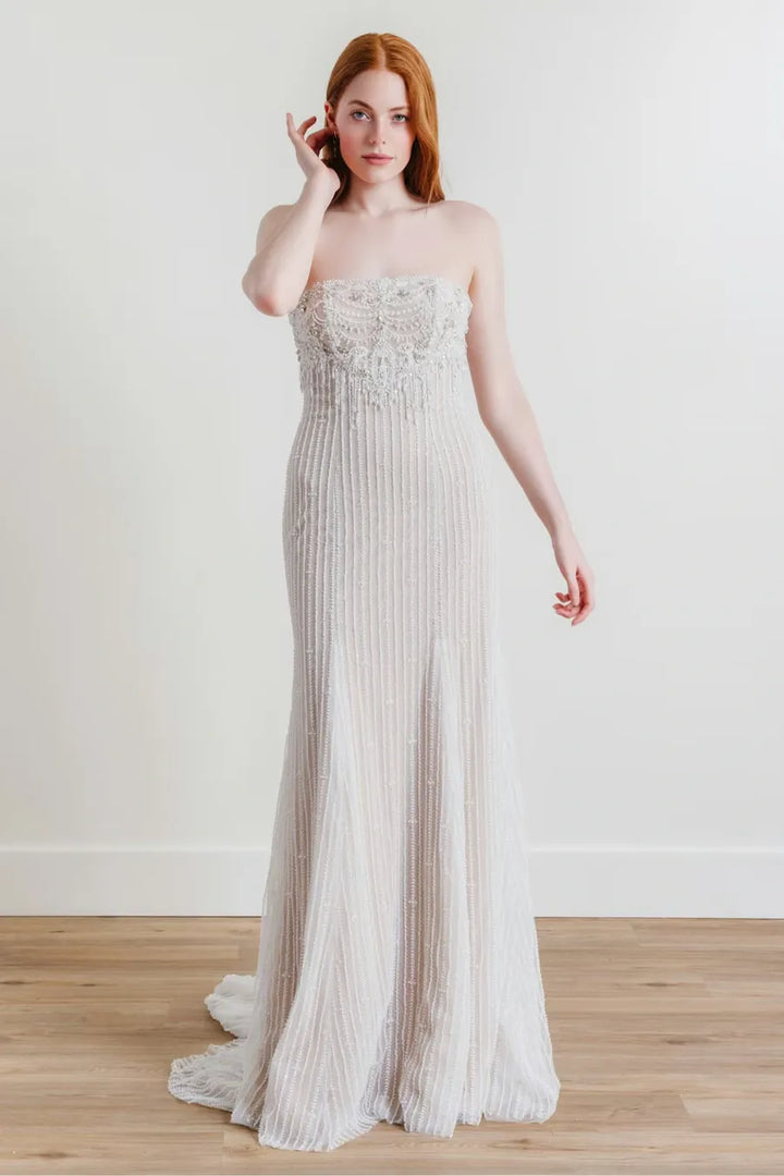 full front of willowby jade silver beaded sheath wedding dress, shown without the matching long sleeve topper