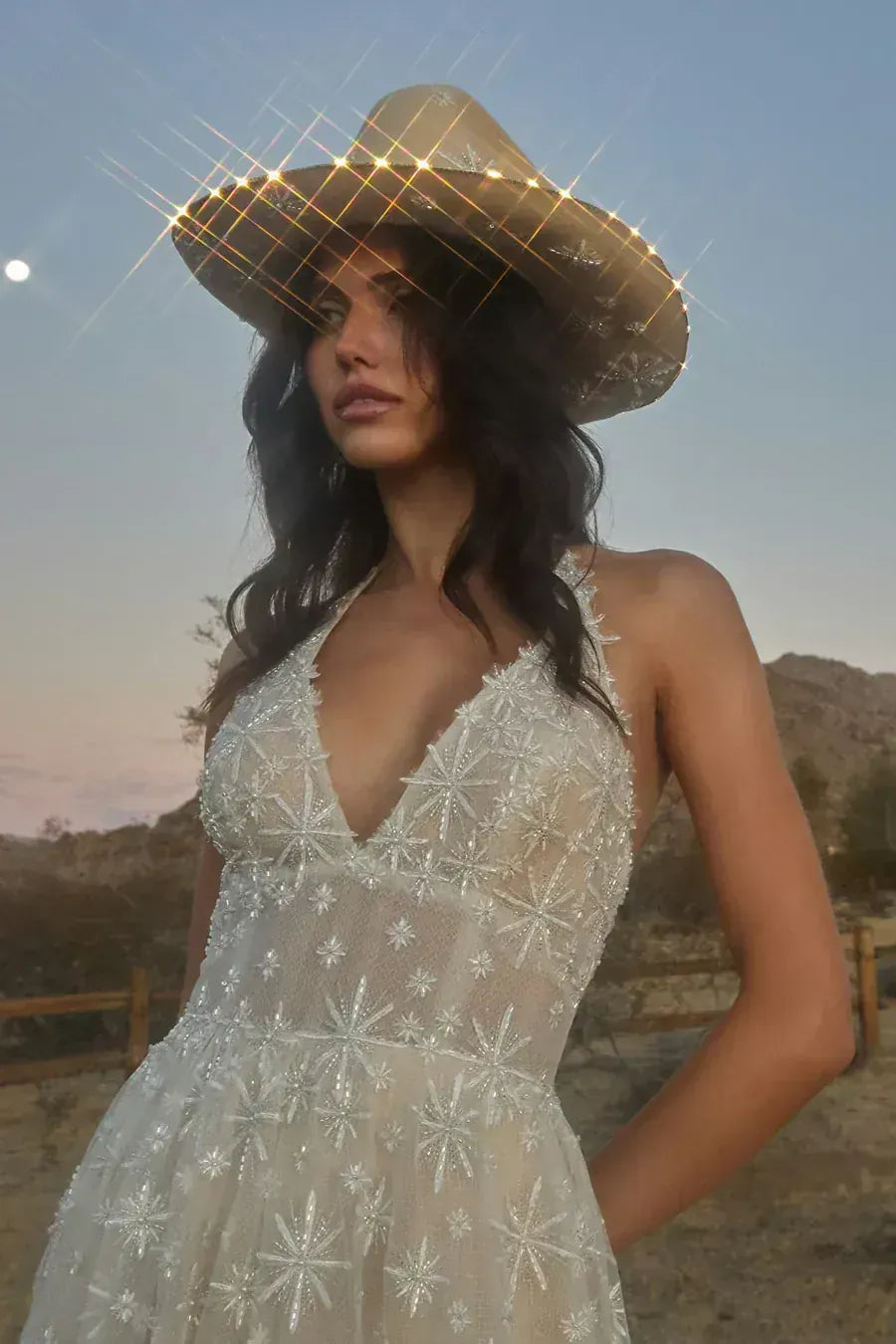 close up of willowby by watters lenny nude tulle a-line wedding dress showing the halter neckline bodice