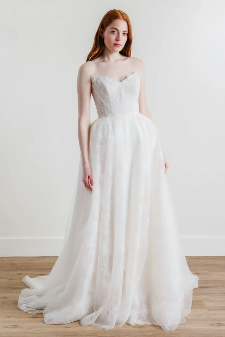 full front of willowby palmer ivory embroidered tulle ball gown with a strapless sweetheart neckline