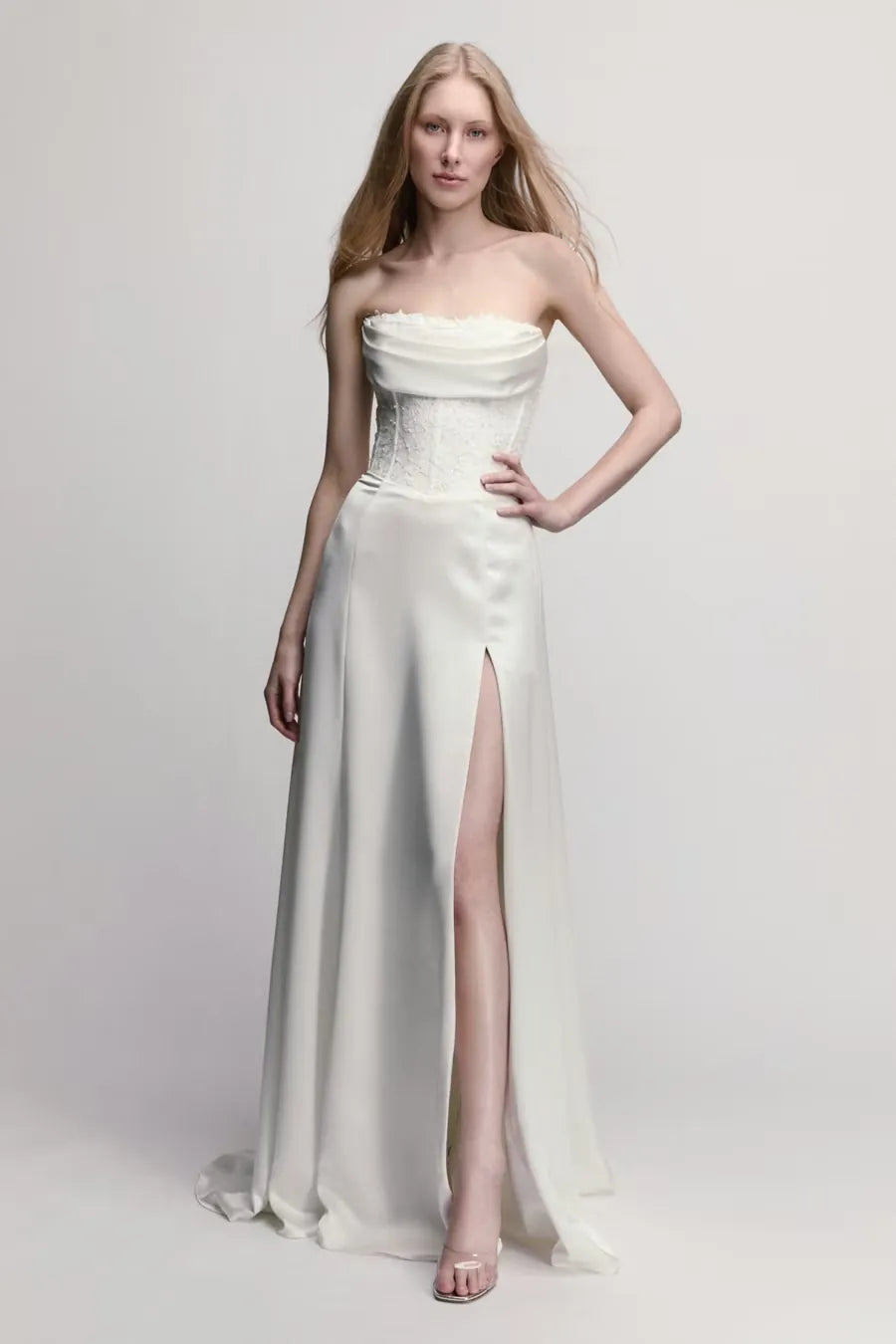 full front of willowby poppy ivory charmeuse wedding dress, shown without the detachable straps