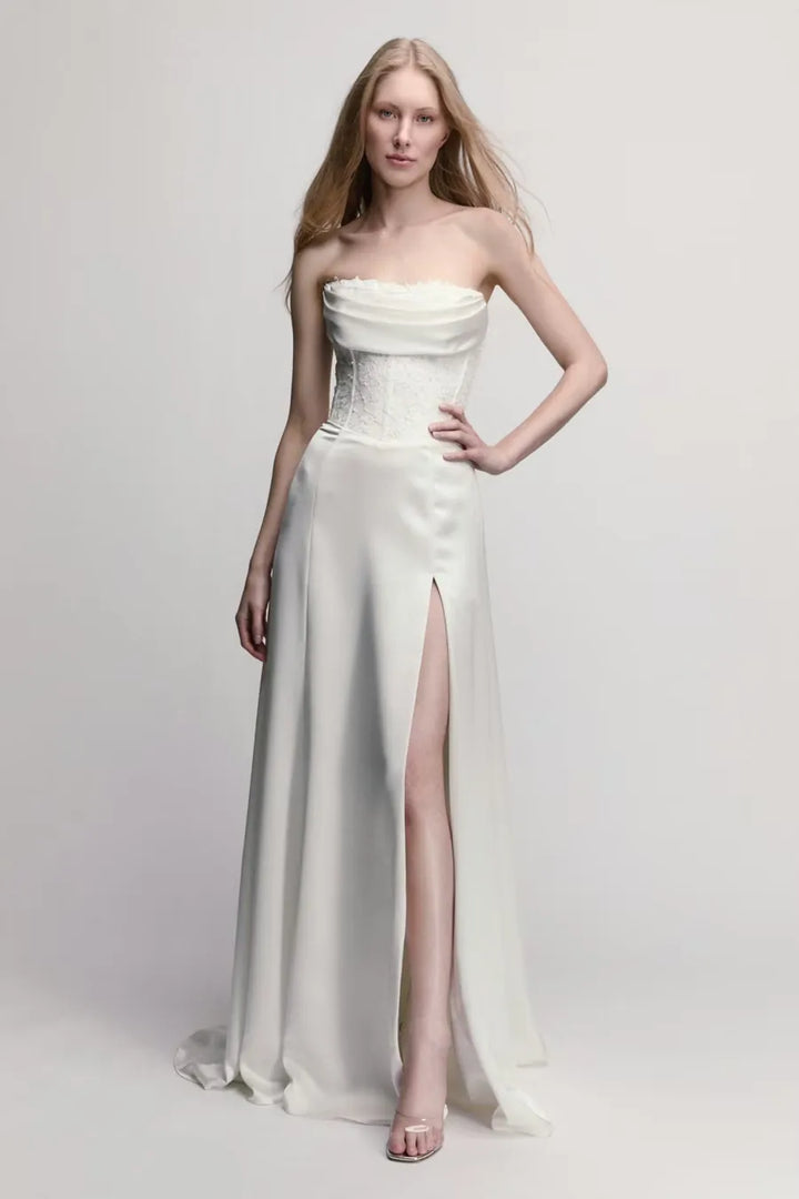 full front of willowby poppy ivory charmeuse wedding dress, shown without the detachable straps