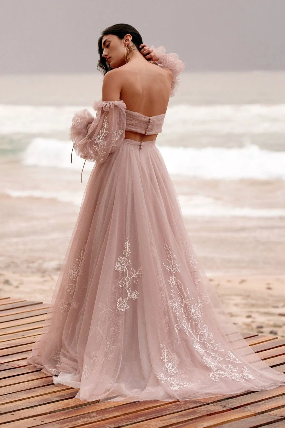back of willowby by watters renae and innika blush tulle a-line bridal set including sweetheart crop top and a-line skirt, with puffed long sleeves