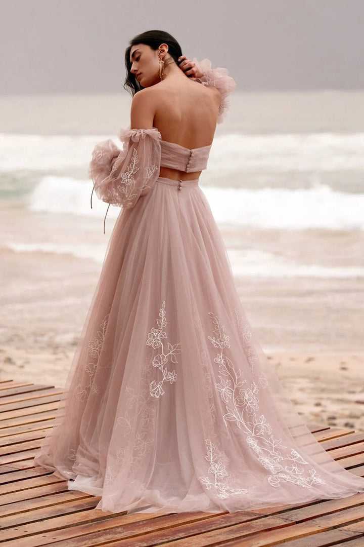 back of willowby by watters renae and innika blush tulle a-line bridal set including sweetheart crop top and a-line skirt, with puffed long sleeves