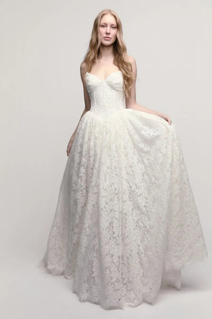 full front of willowby steffie ivory lace wedding dress with a basque waist and floral print