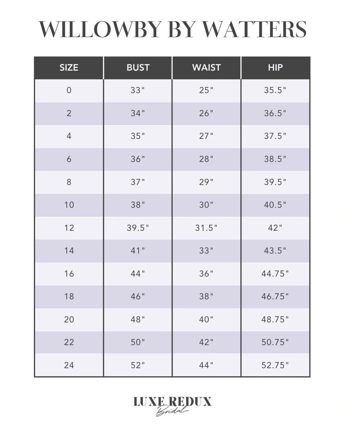 Willowby by Watters Gaia - Size 2 Size Chart