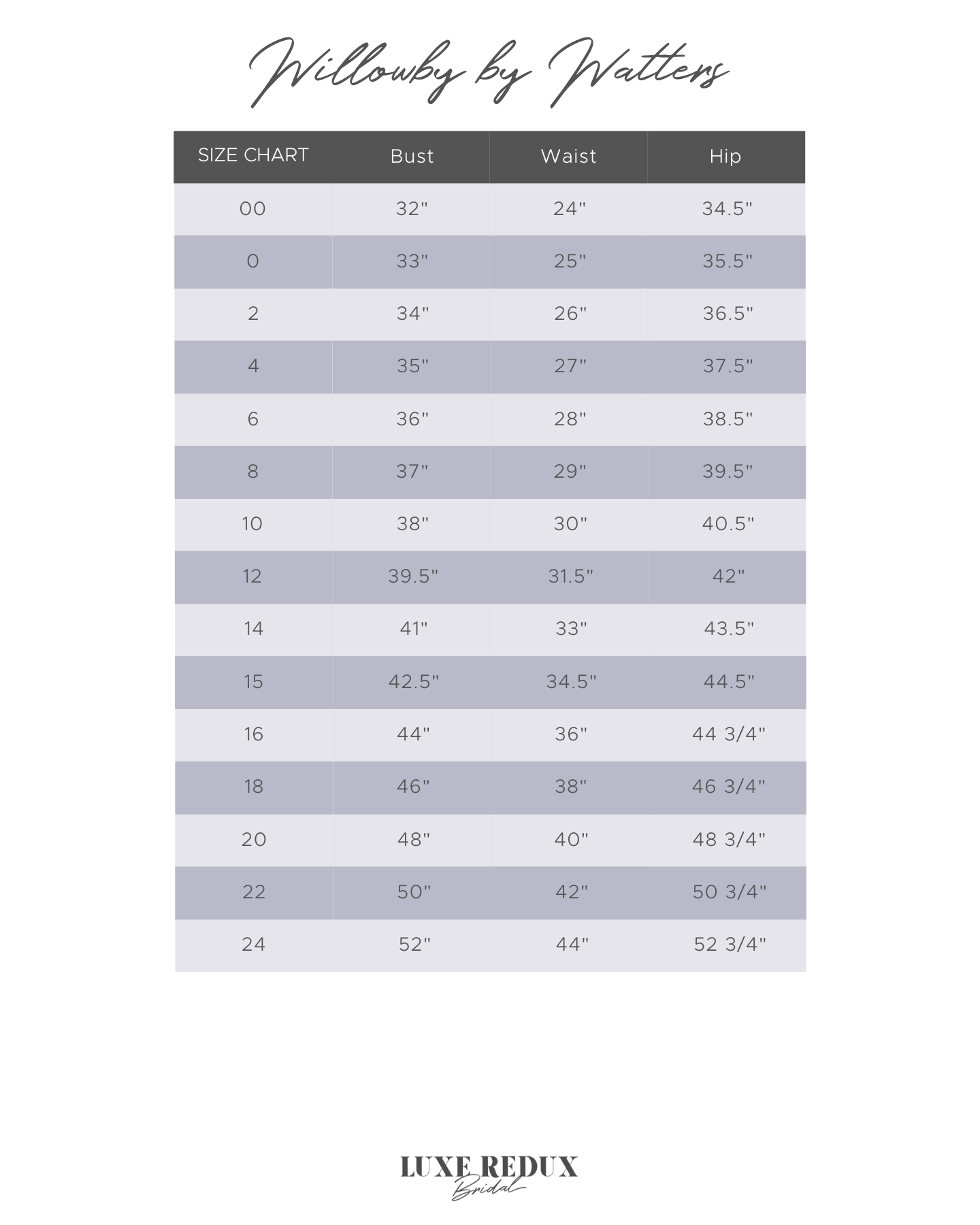 Willowby by Watters Karlie - Size 8 Size Chart