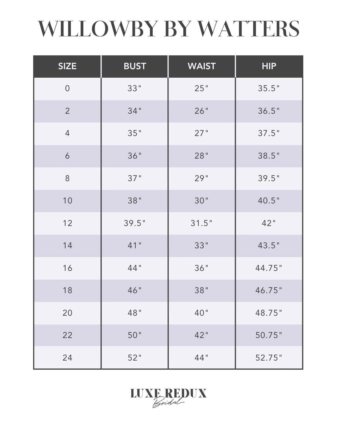 Willowby by Watters Cecilia - Size 10 Size Chart