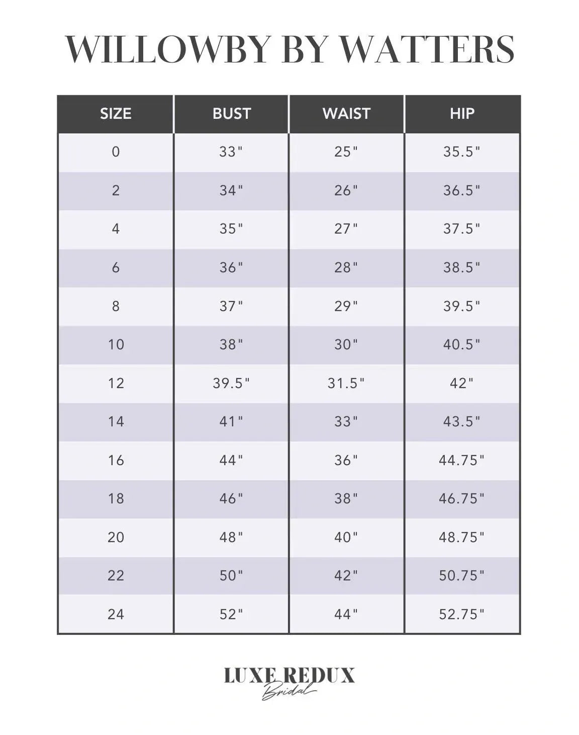 Willowby by Watters Orianna 59113 - Size 12 Size Chart