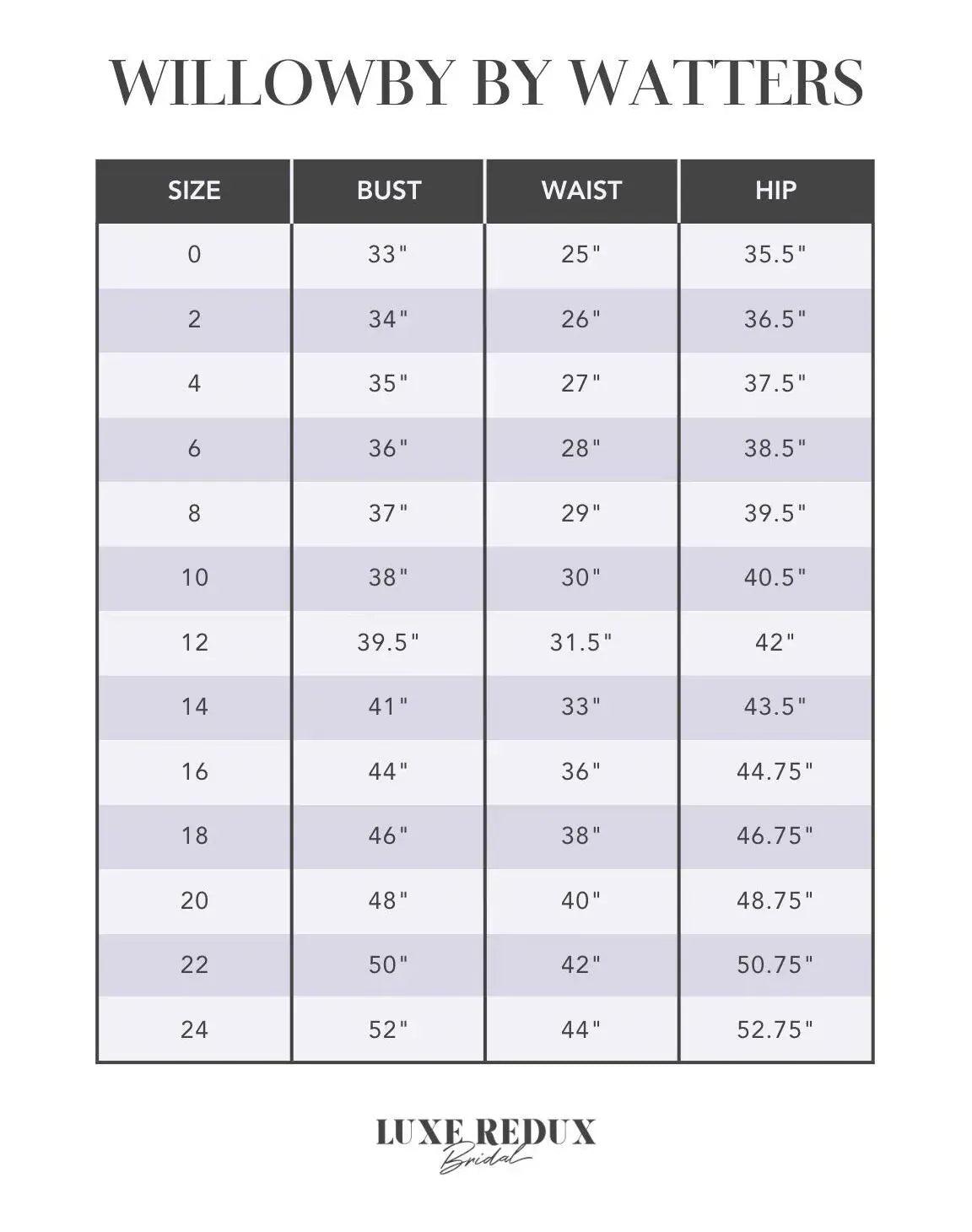 Willowby by Watters Farrow - Size 2 Size Chart
