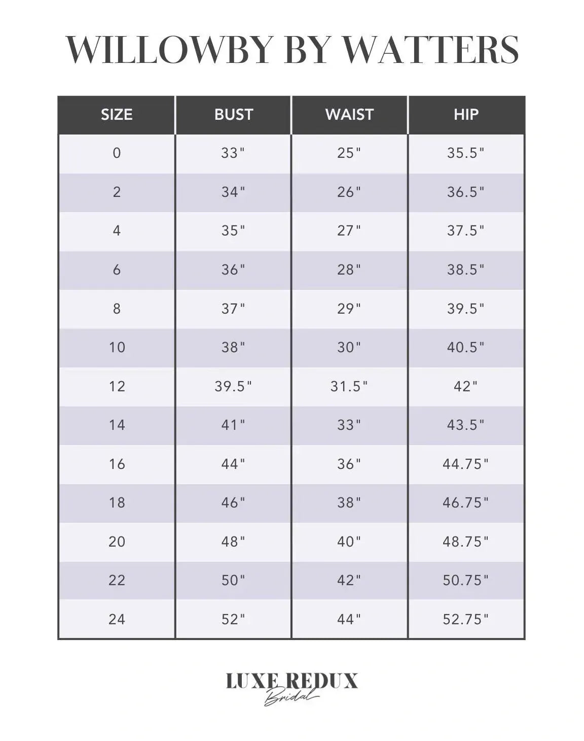 Willowby by Watters Ula 53716 - Size 12 Size Chart