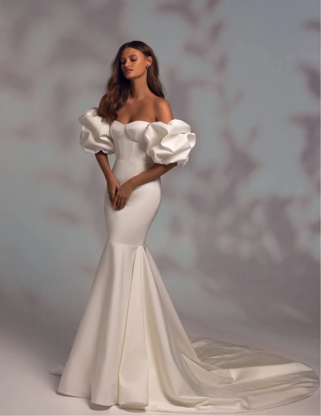 front of wona noble ivory mikado fit and flare wedding dress showing the strapless sweetheart bodice and flared skirt