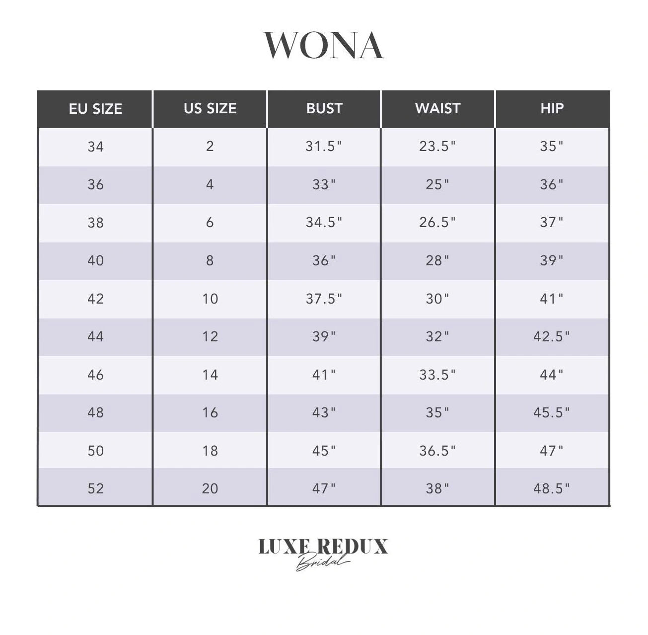 Wona Concept Goddess - Size 8 Size Chart