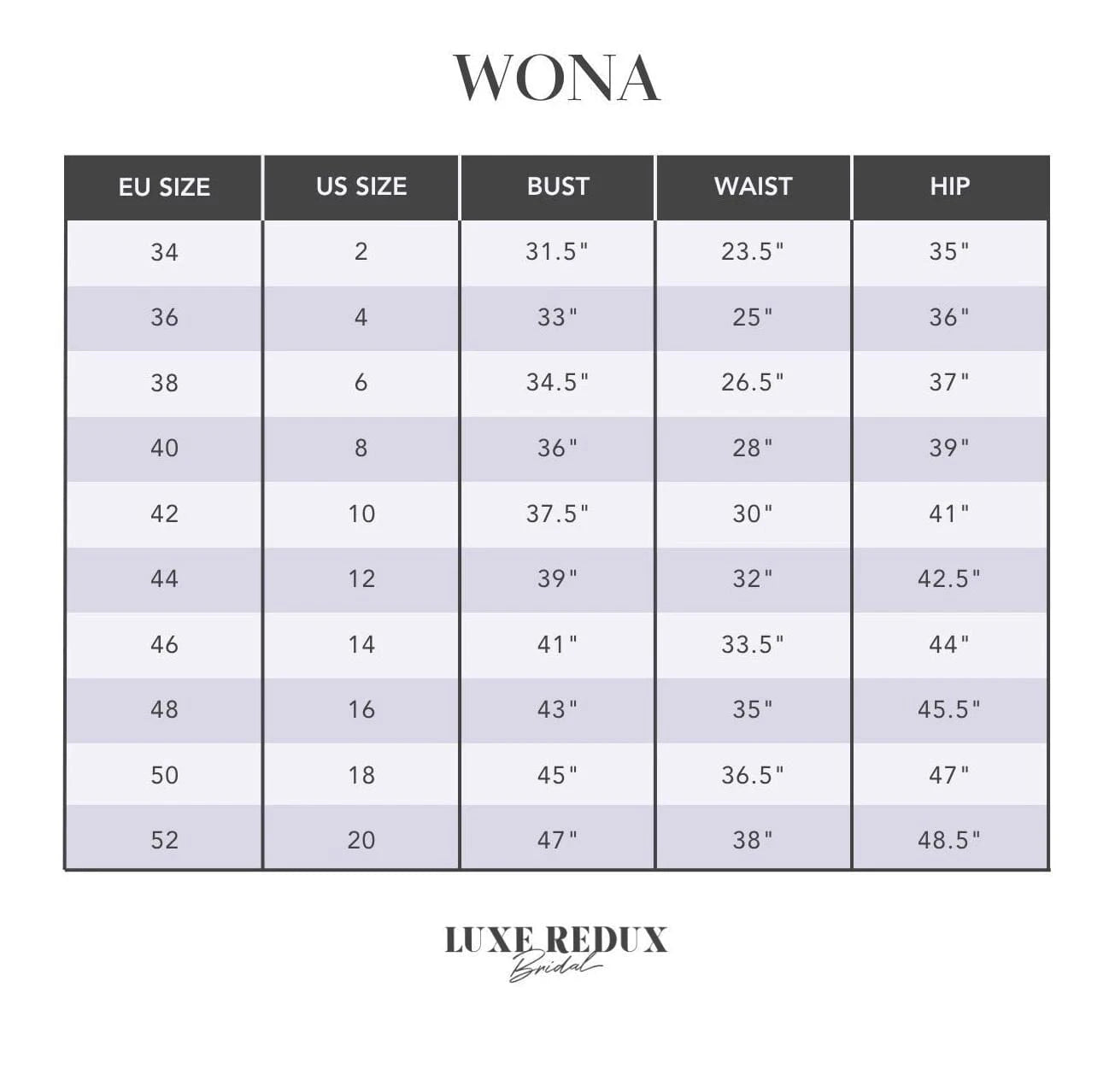 Wona Maddison - Size 10 Size Chart