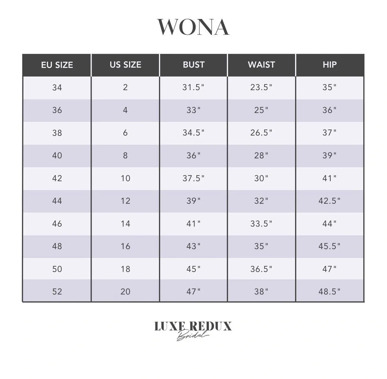 Wona Concept Serena - Size 14 Size Chart