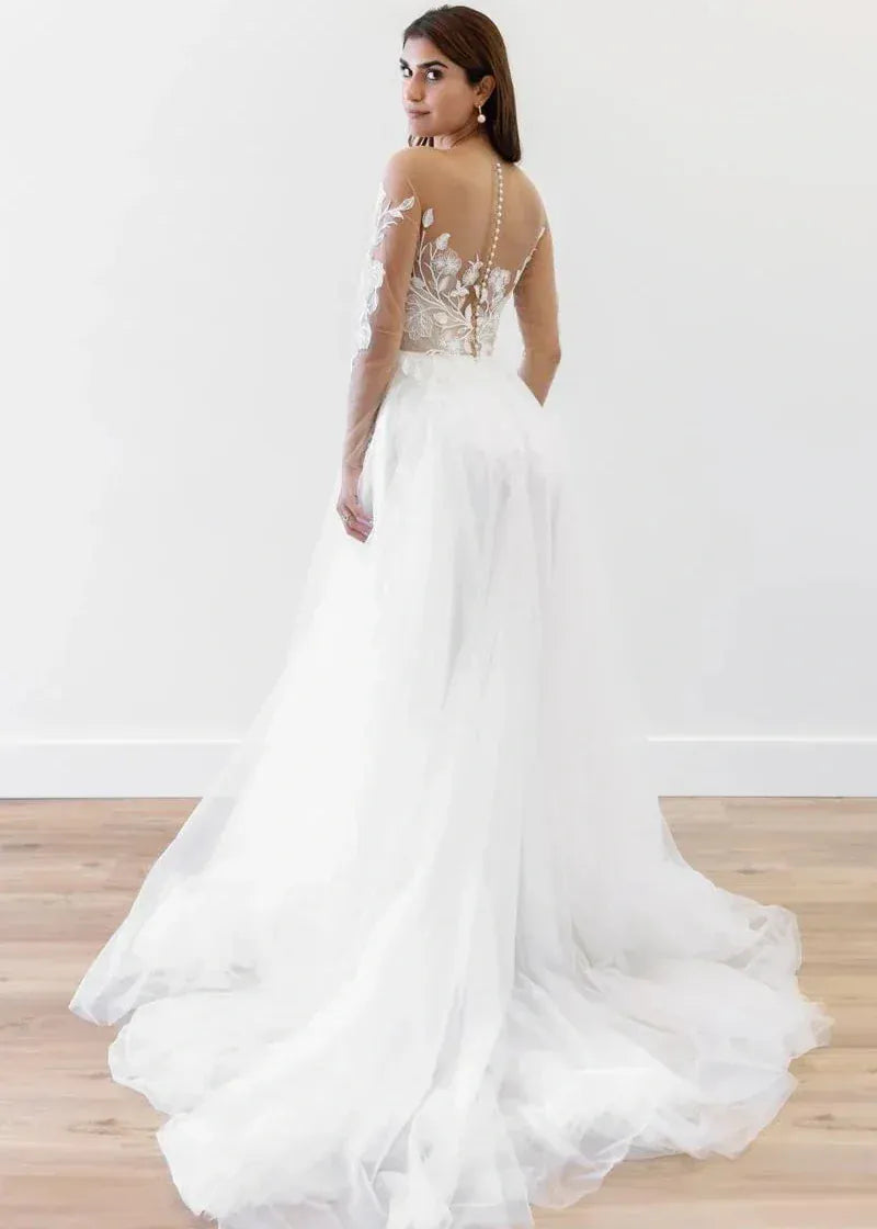 Full back of Locket by Watters Esme white tulle A Line gown with illusion bodice and long sleeves