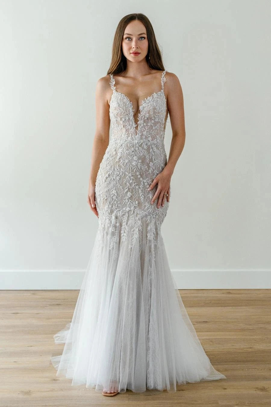 front of watters looksy champagne tulle fit and flare wedding dress with lace bodice and plunge neckline