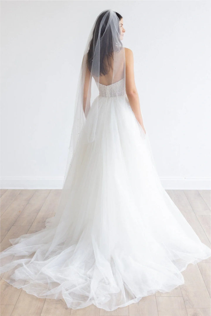 Woman wearing a white wedding dress with a long train and veil against a plain background