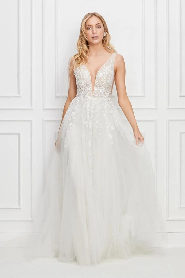 full front of locket by watters seeley ivory tulle a-line wedding dress with cascading floral appliques and a deep v neckline