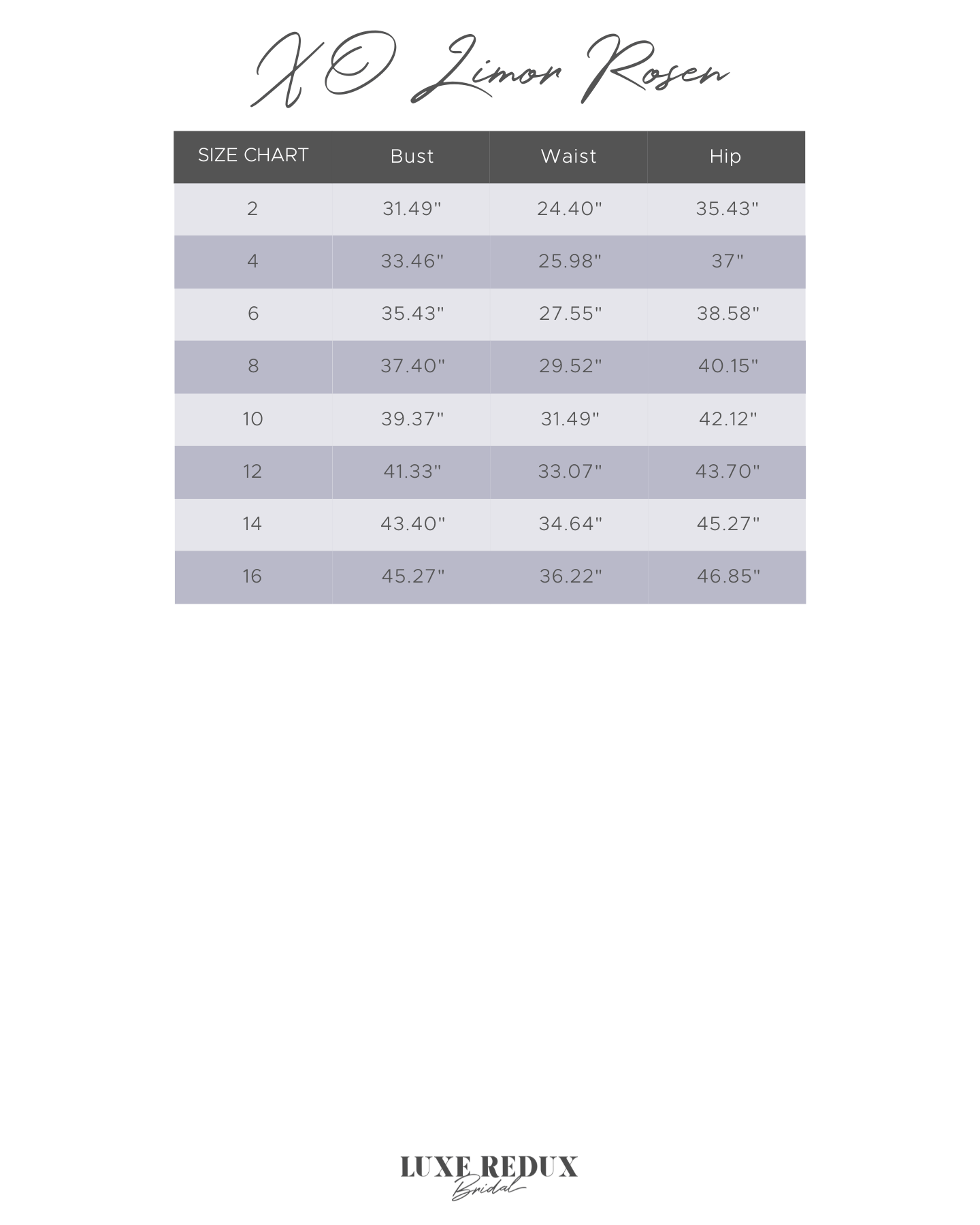 XO Limor Rosen Kylie - Size 10 Size Chart