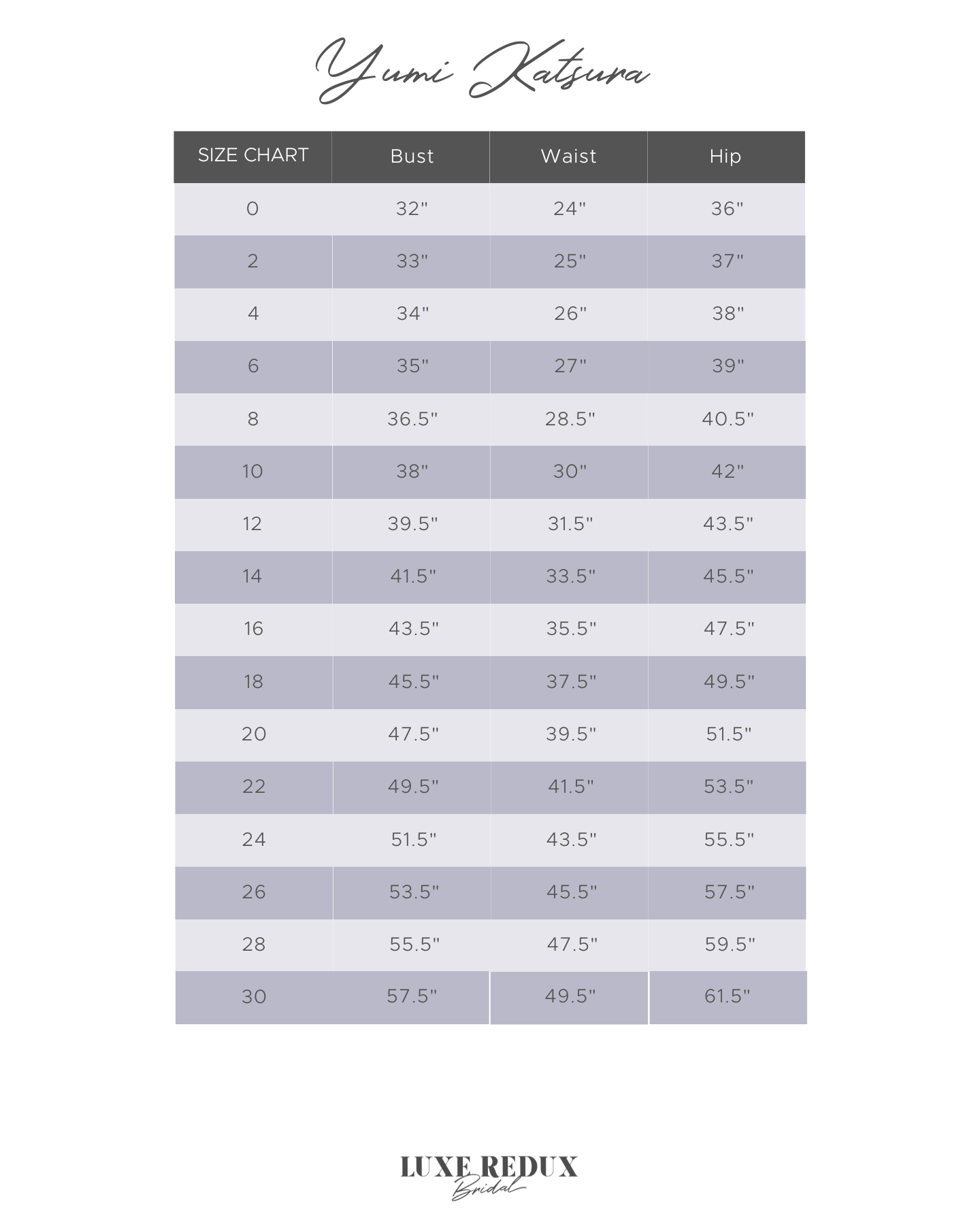 Yumi Katsura Mandela + Bow - Size 10 Size Chart