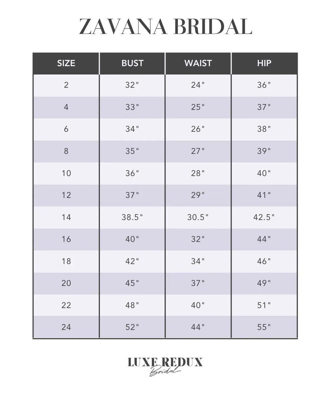 Zavana Bridal ZB22550-1Z - Size 12 Size Chart