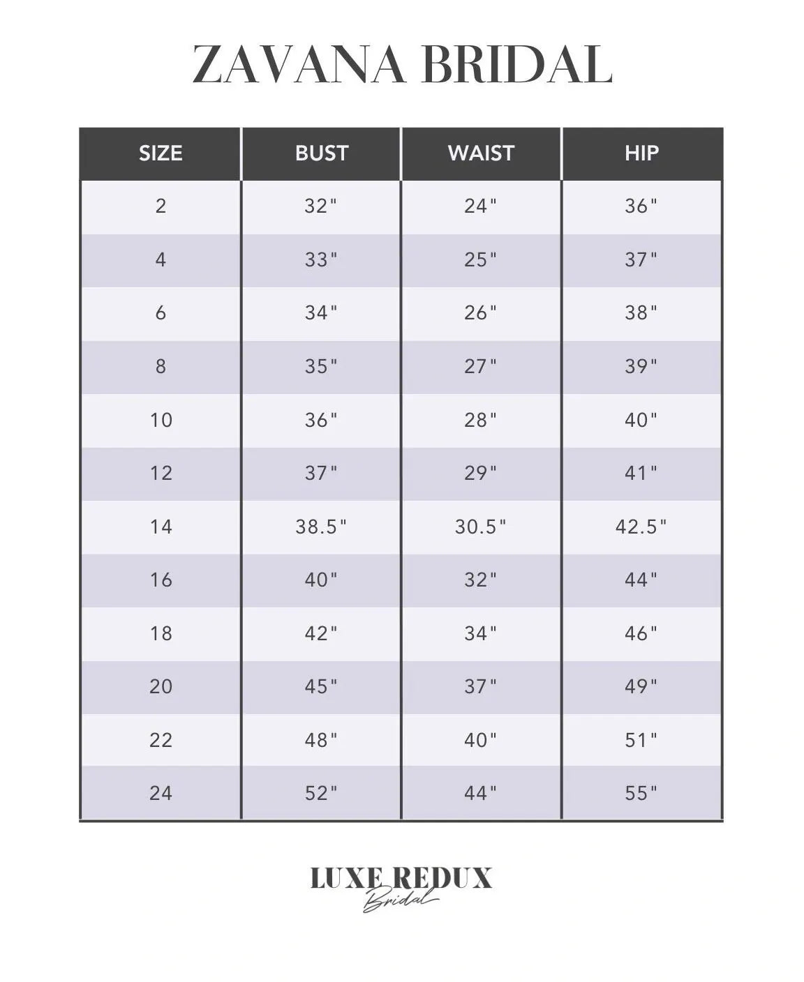 Zavana Bridal ZB22873 - Size 12 Size Chart
