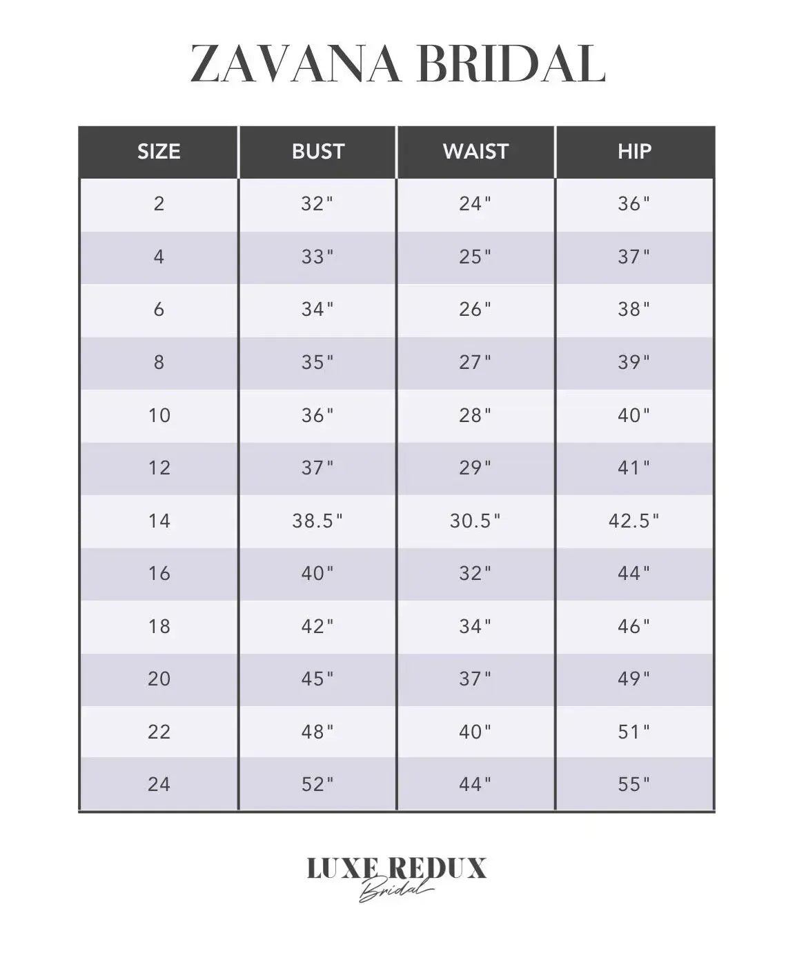 Zavana Bridal ZB22814 - Size 12 Size Chart