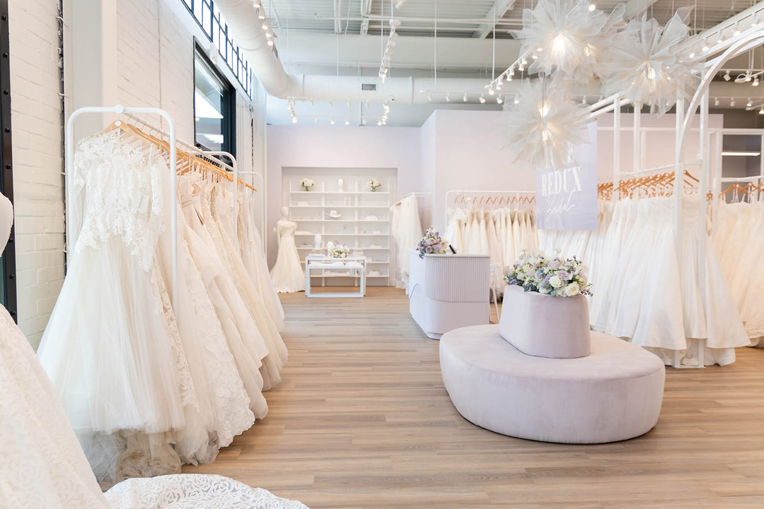 Wedding gowns and seating at Luxe Redux Bridal in Atlanta