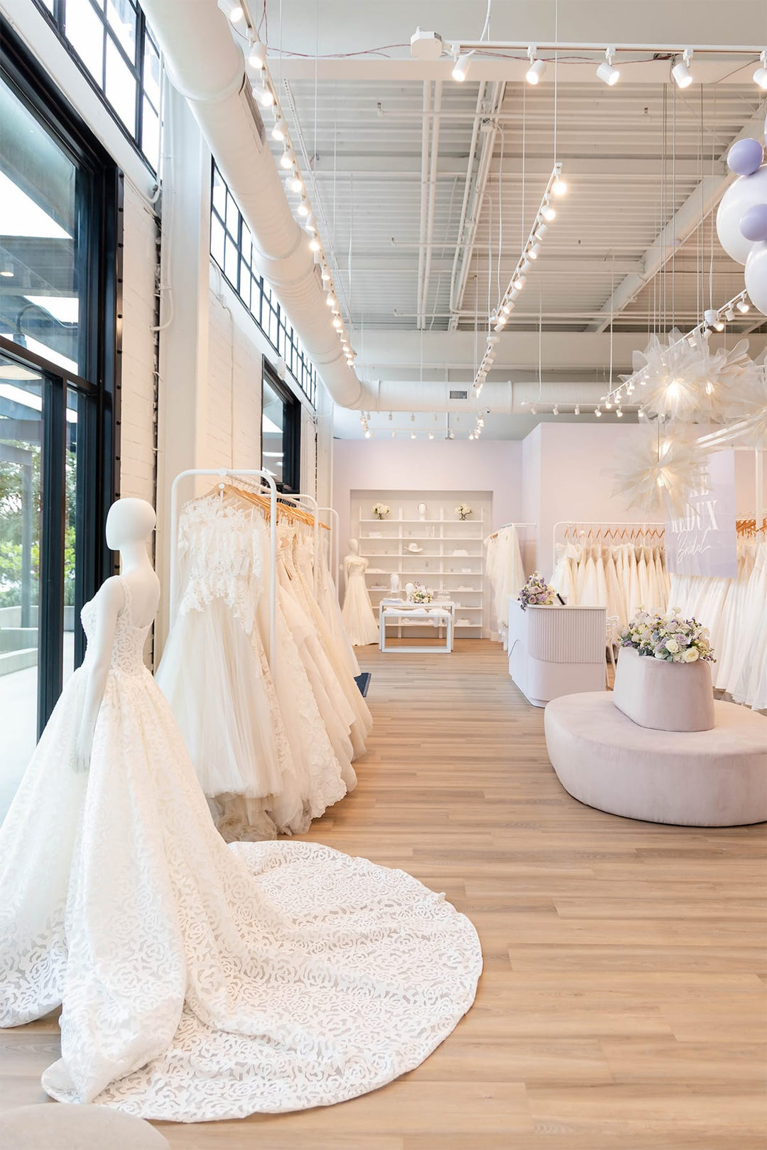 Wedding gowns and seating at Luxe Redux Bridal in Atlanta