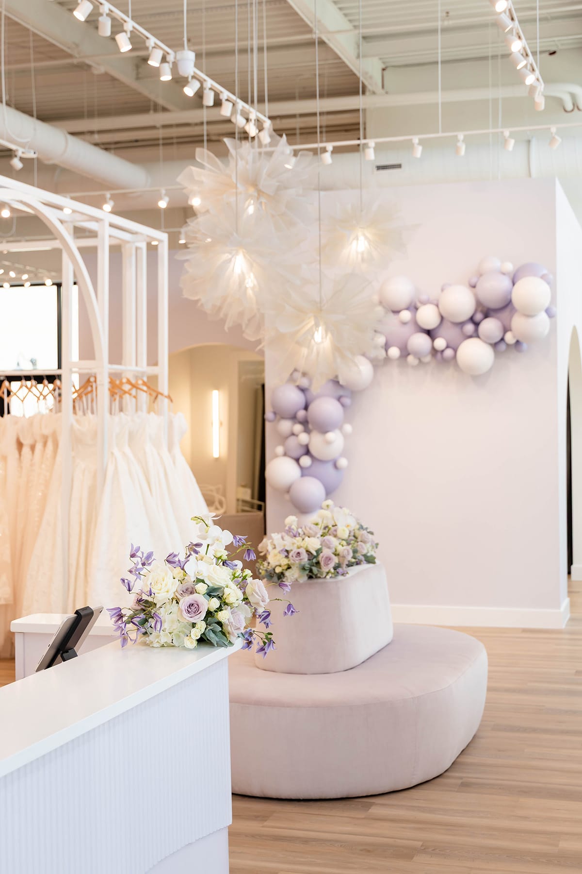 Boutique interior and bubble wall at Luxe Redux Bridal in Atlanta