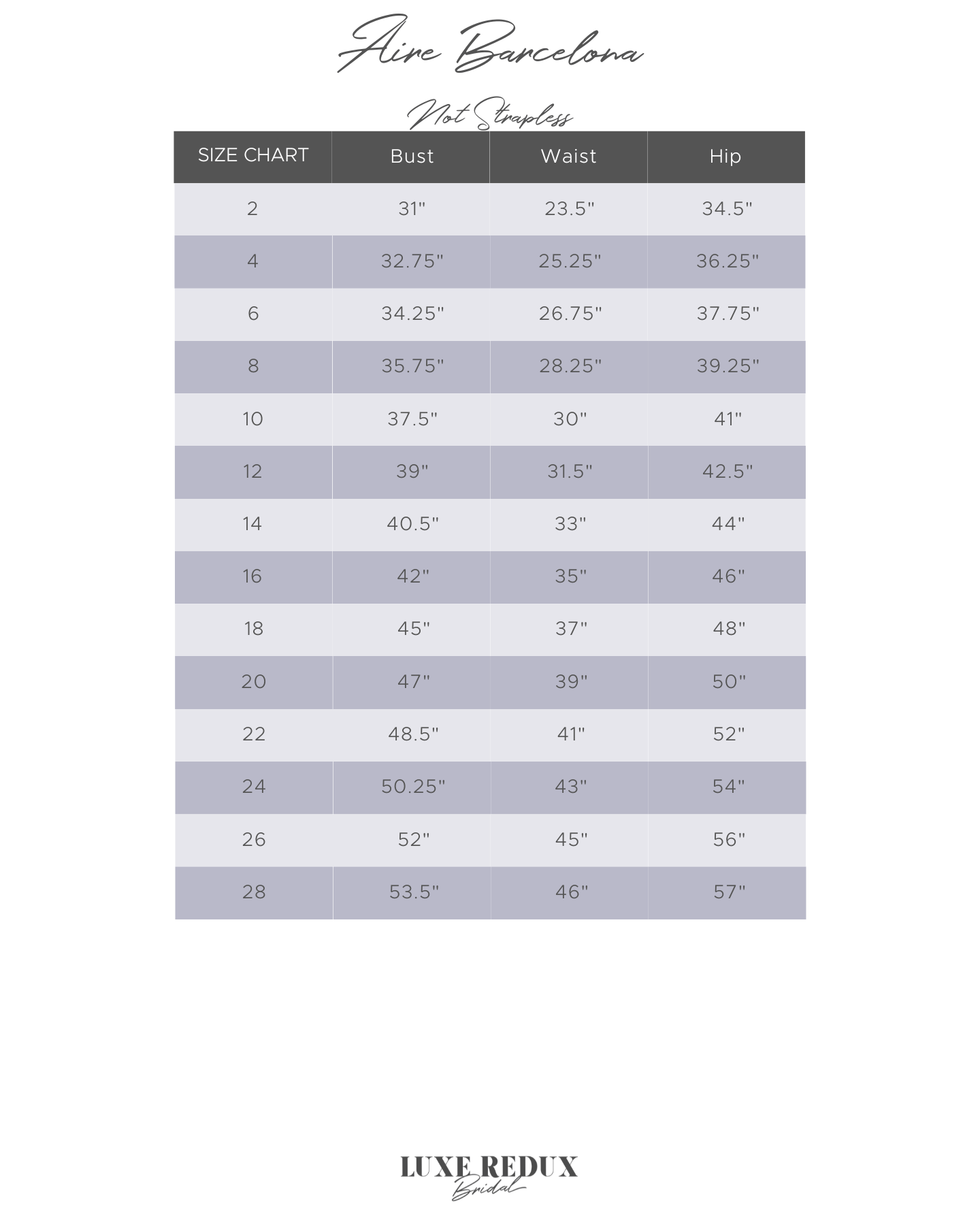 Aire Barcelona Xara - Size 14 Size Chart