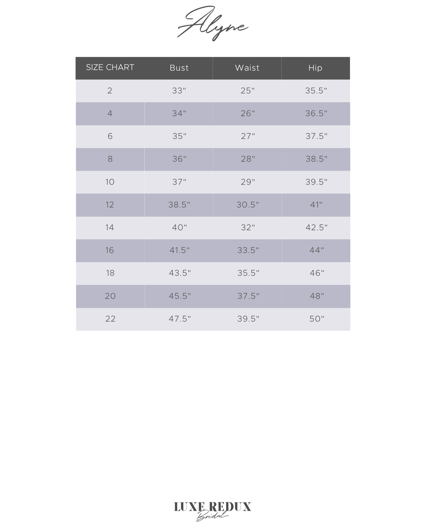 Alyne Bigelow - Size 12 Size Chart