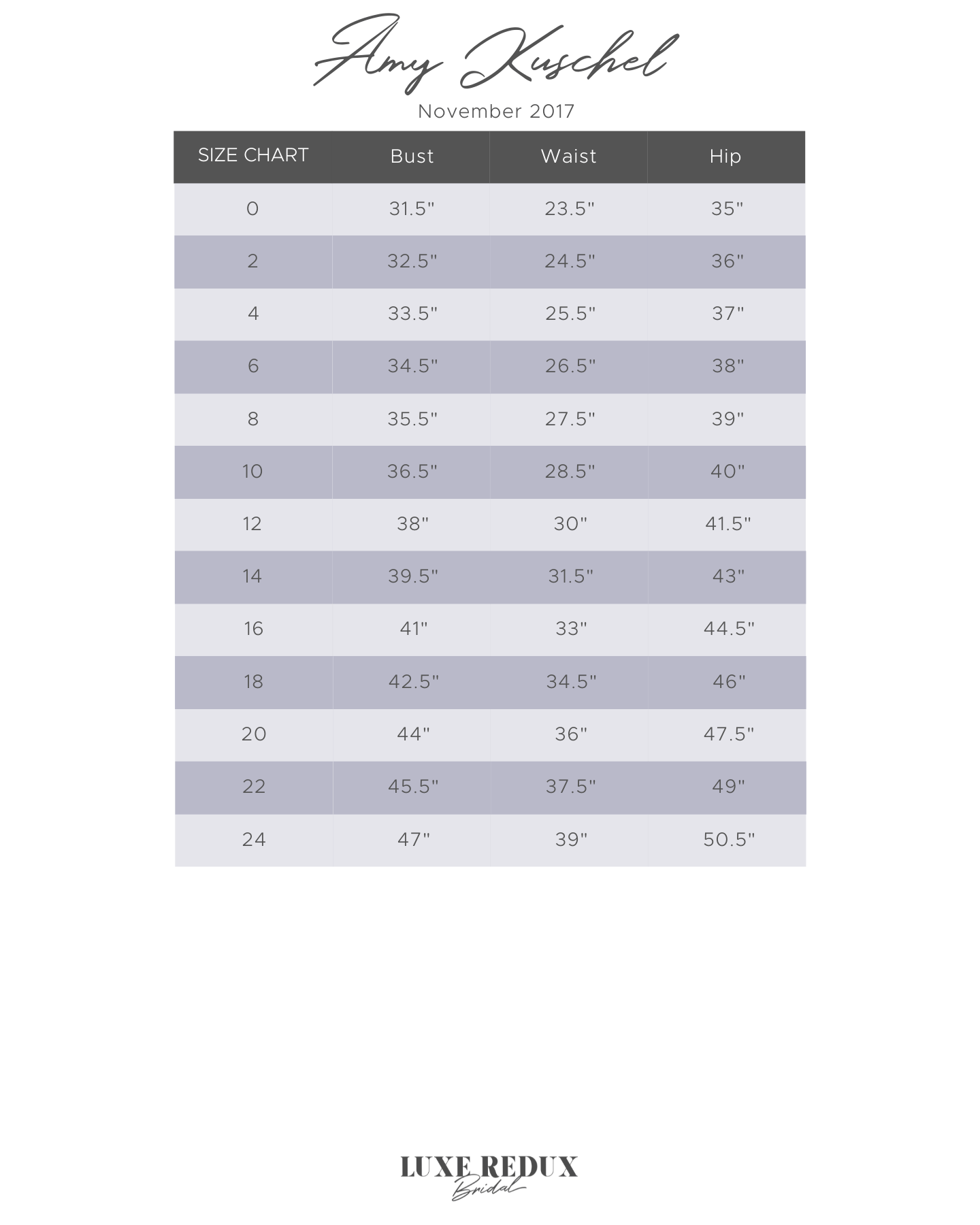 Amy Kuschel Redding - Size 2 Size Chart