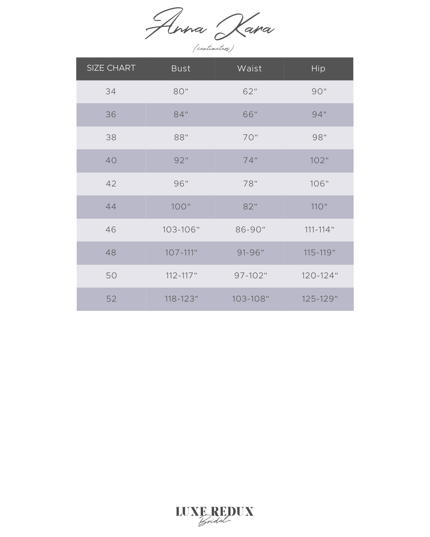 Anna Kara Freesia - Size 10 Size Chart