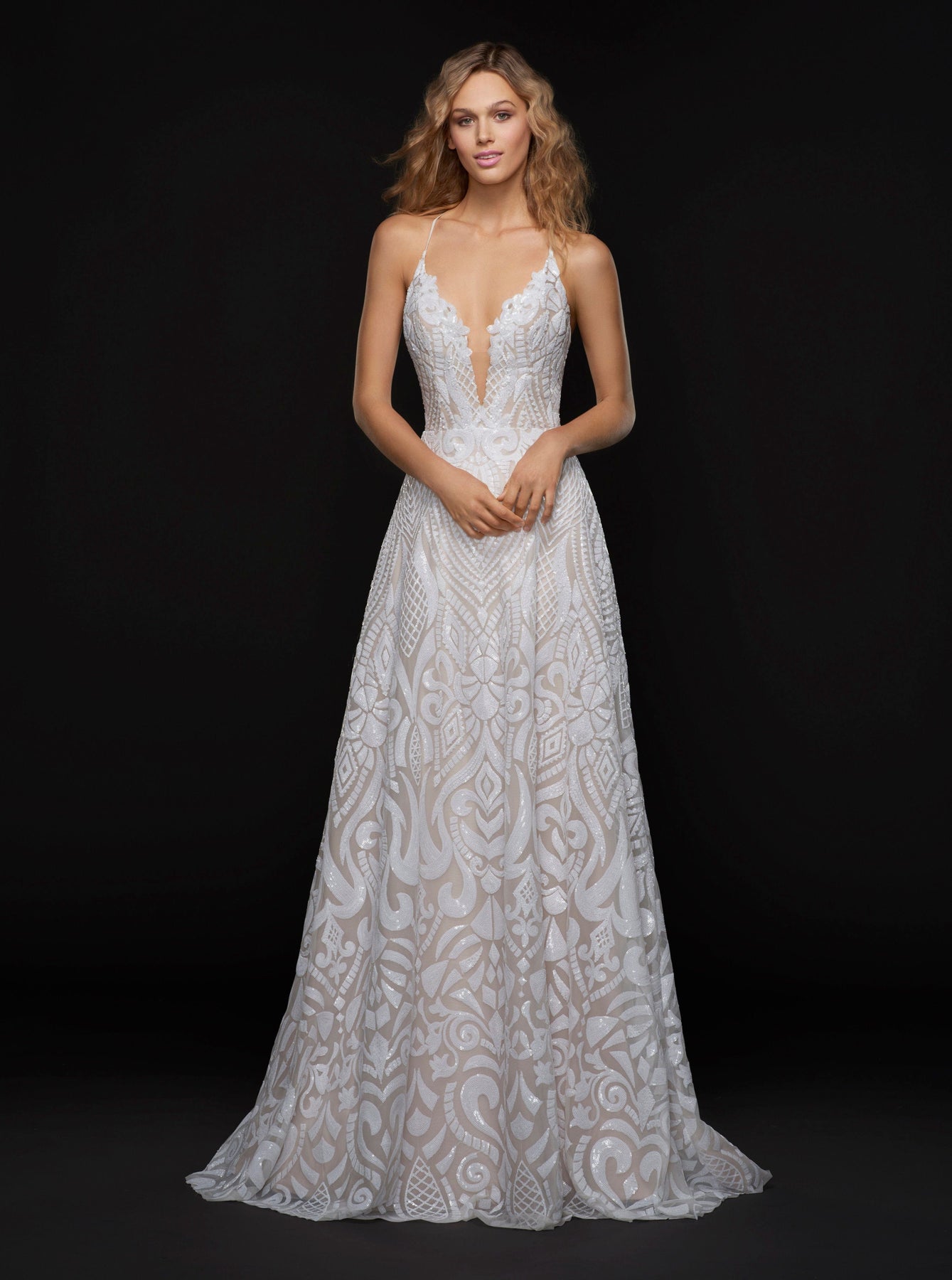 Blush by Hayley Paige Delta 1751 Wedding Dress – A-line Bridal Gown with Deep Sweetheart Neckline and Spaghetti Straps – Size 14 – Luxe Redux Bridal