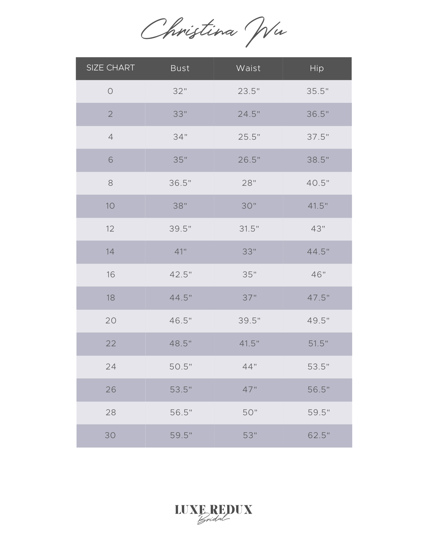 Christina Wu Love 29404 - Size 26 Size Chart