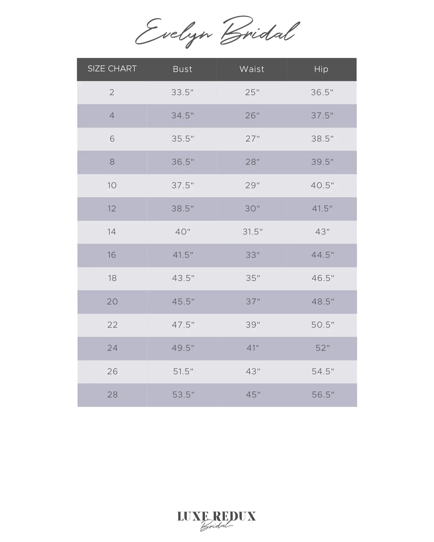 Evelyn Bridal Avery - Size 4 Size Chart