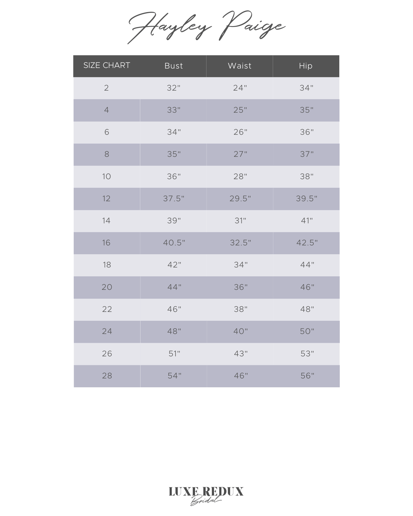 Hayley Paige Wrigley 62104 - Size 10 Size Chart