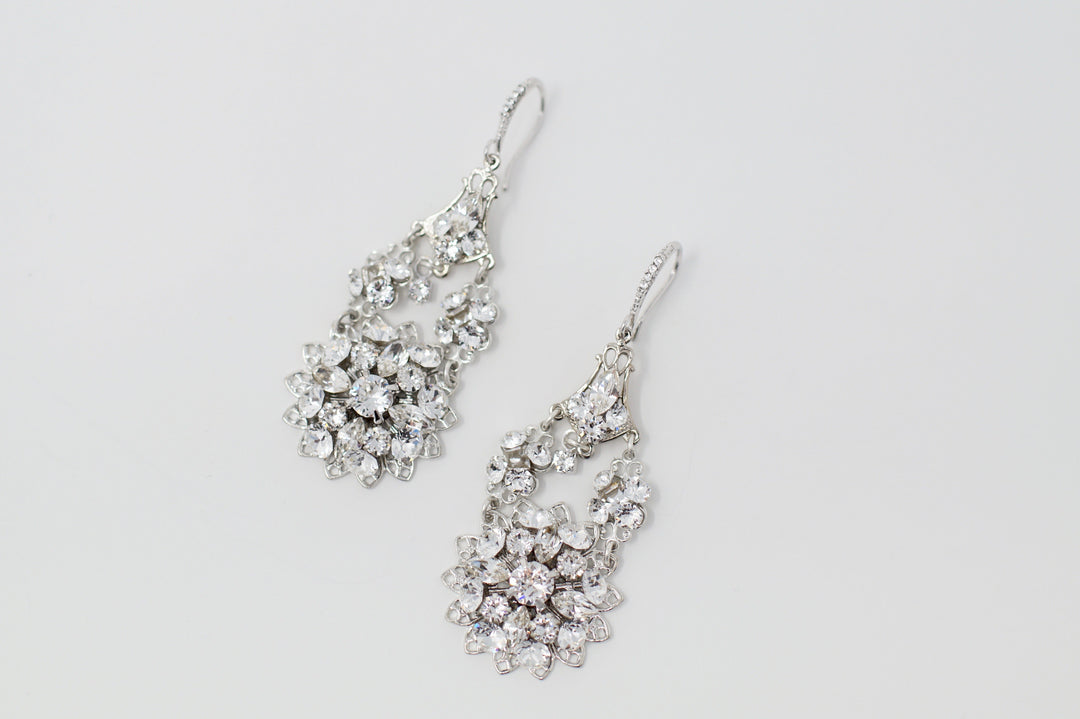 Bridal chandelier earrings with genuine Swarovski crystals hand-set onto delicate filigree metalwork