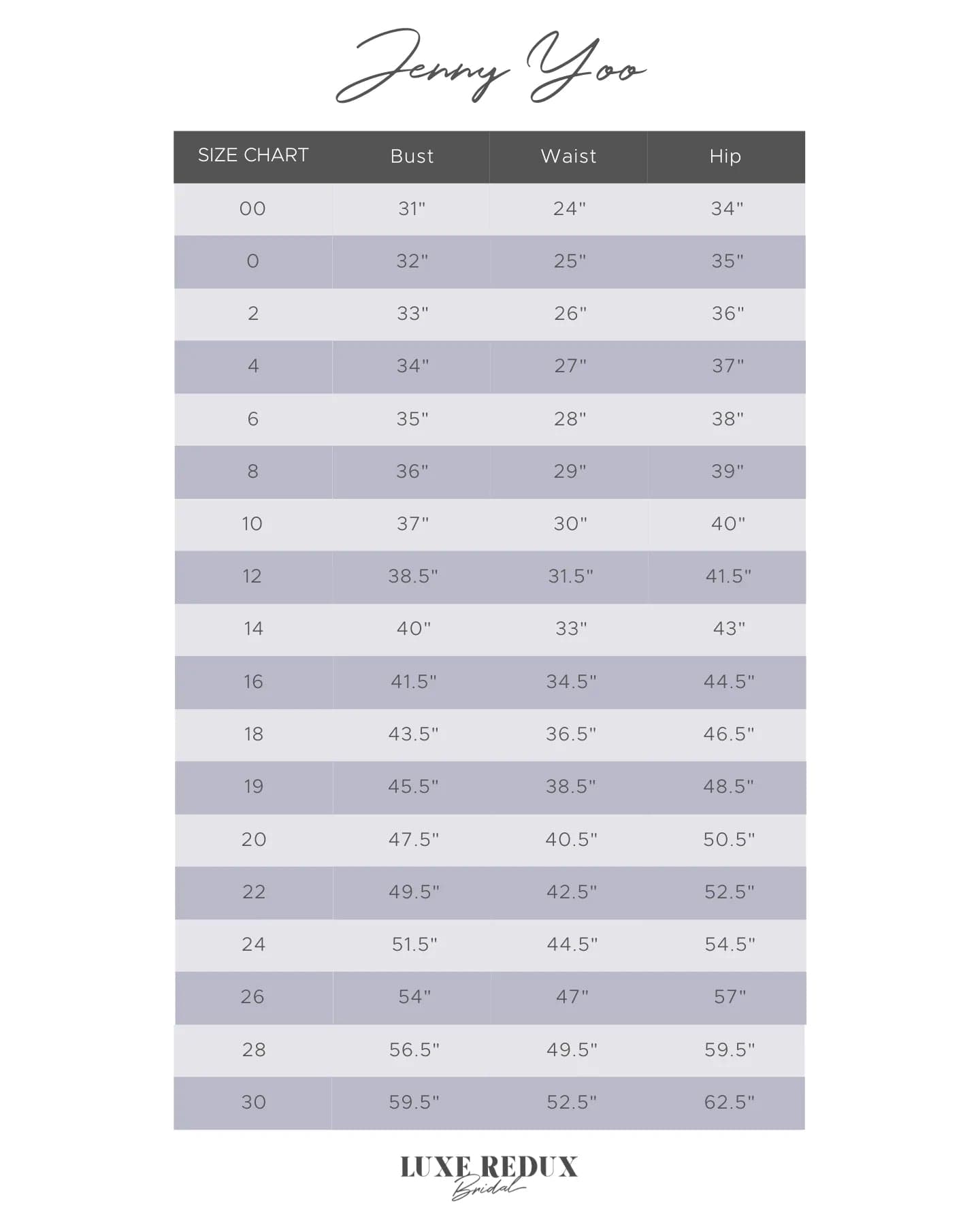 Jenny Yoo Bradley - Size 6 Size Chart