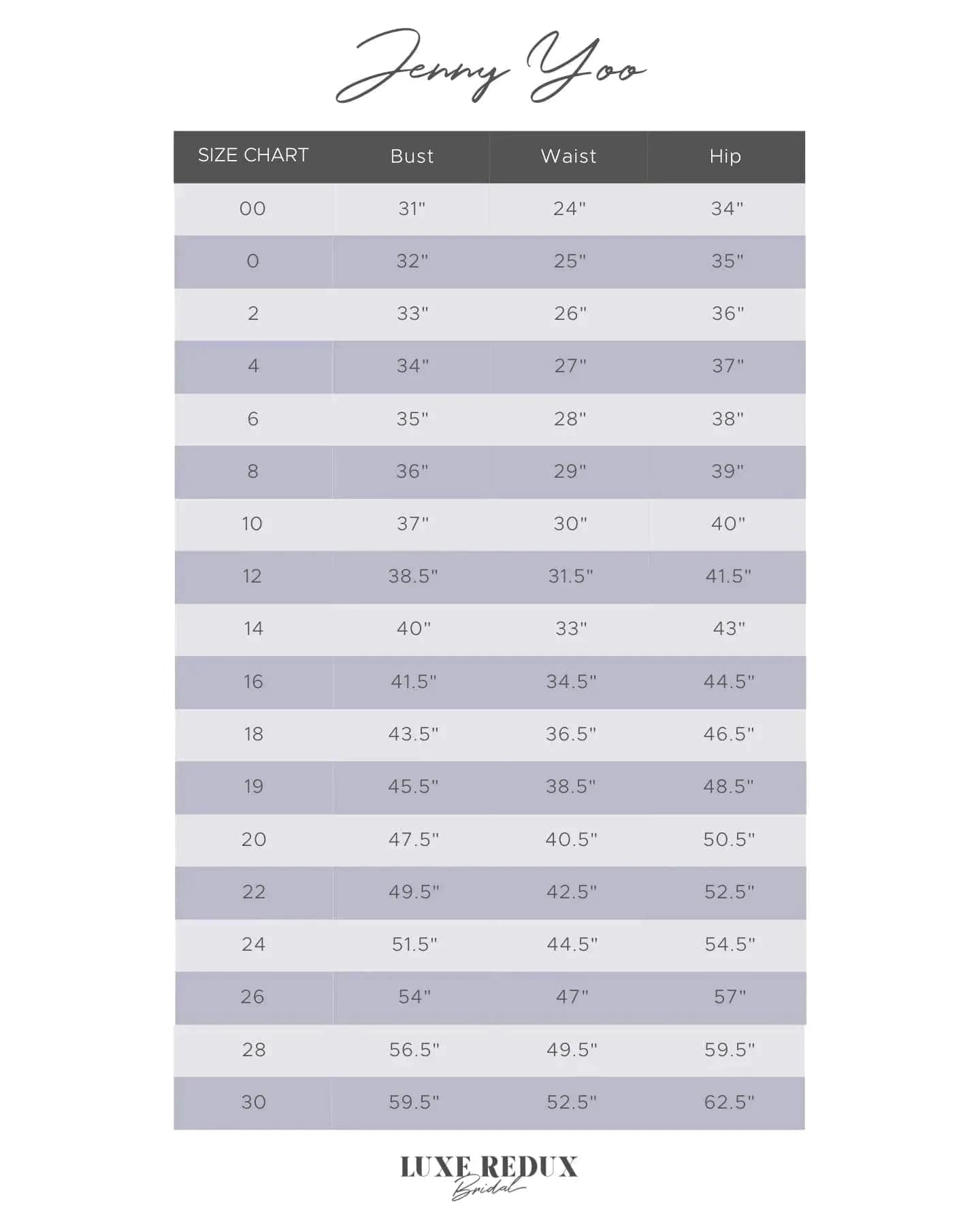 Jenny Yoo Bradley - Size 6 Size Chart