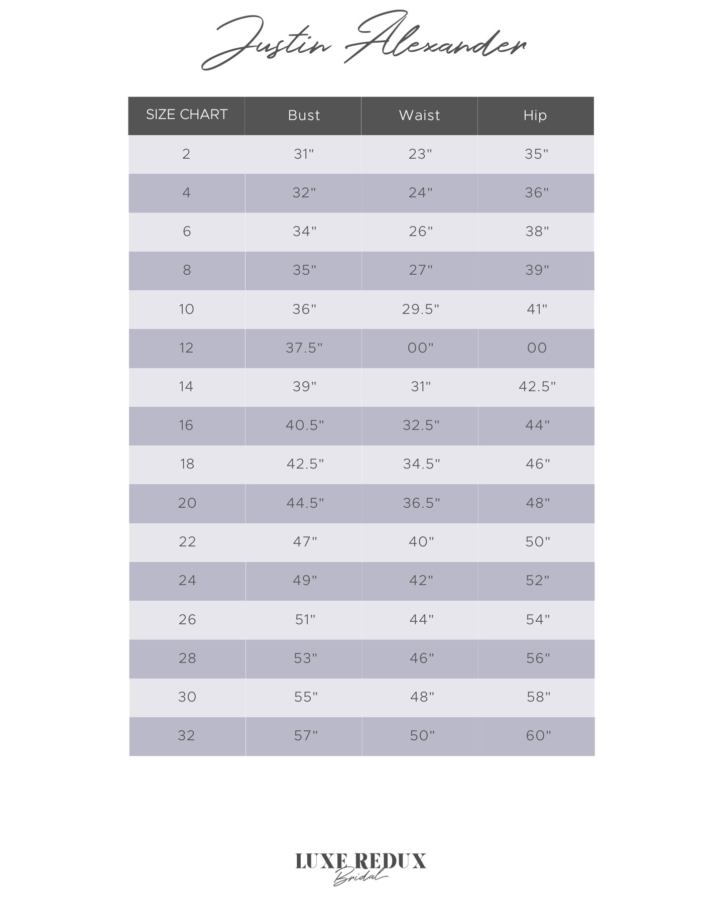 Justin Alexander 55042 - Size 16 Size Chart