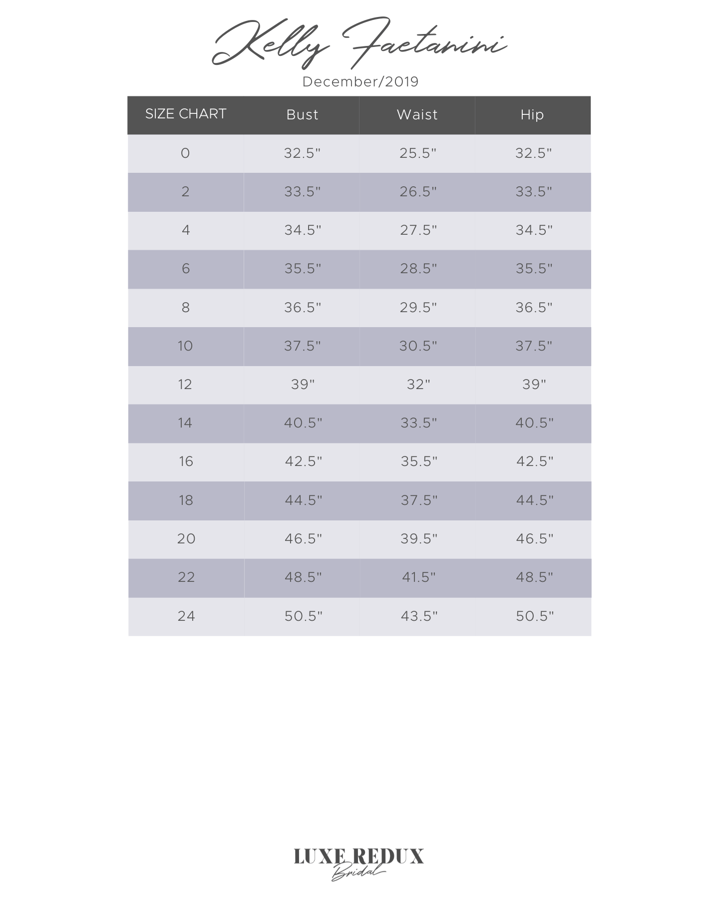 Kelly Faetanini Rosa - Size 6 Size Chart