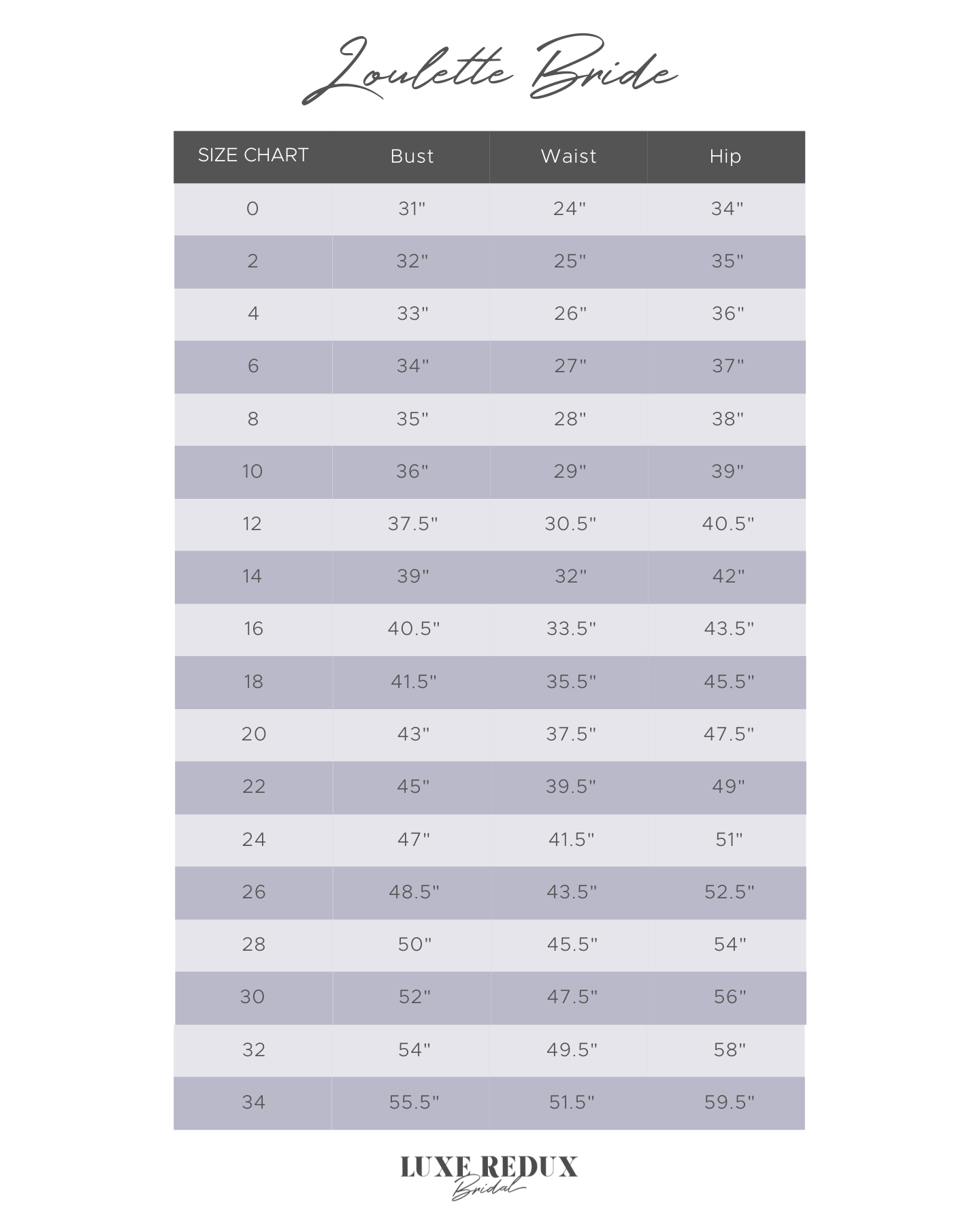 Loulette Bridal Casablanca - Size 12 Size Chart
