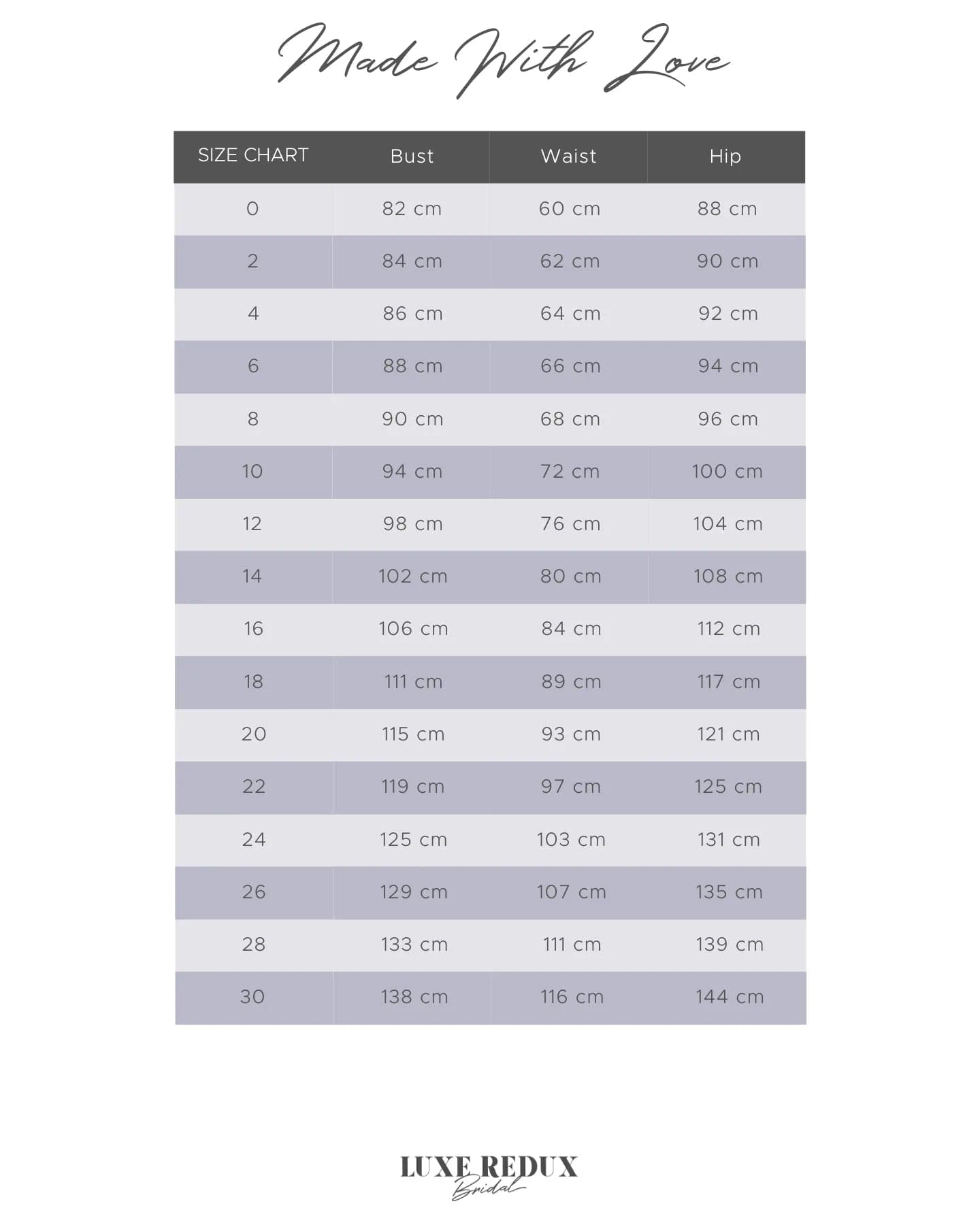 Made With Love Belle - Size 10 Size Chart