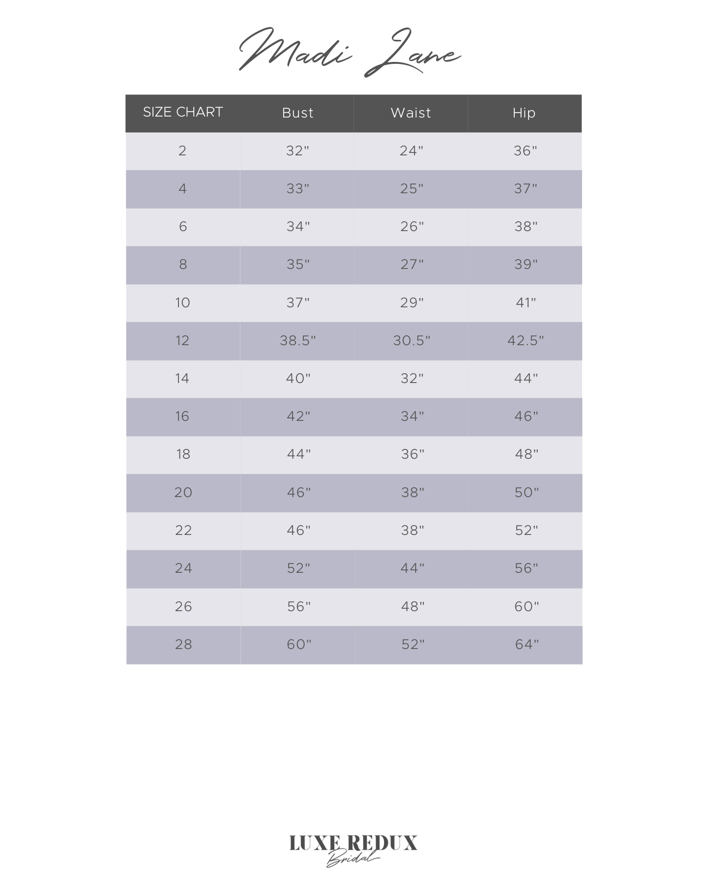 Madi Lane Aryn - Size 14 Size Chart