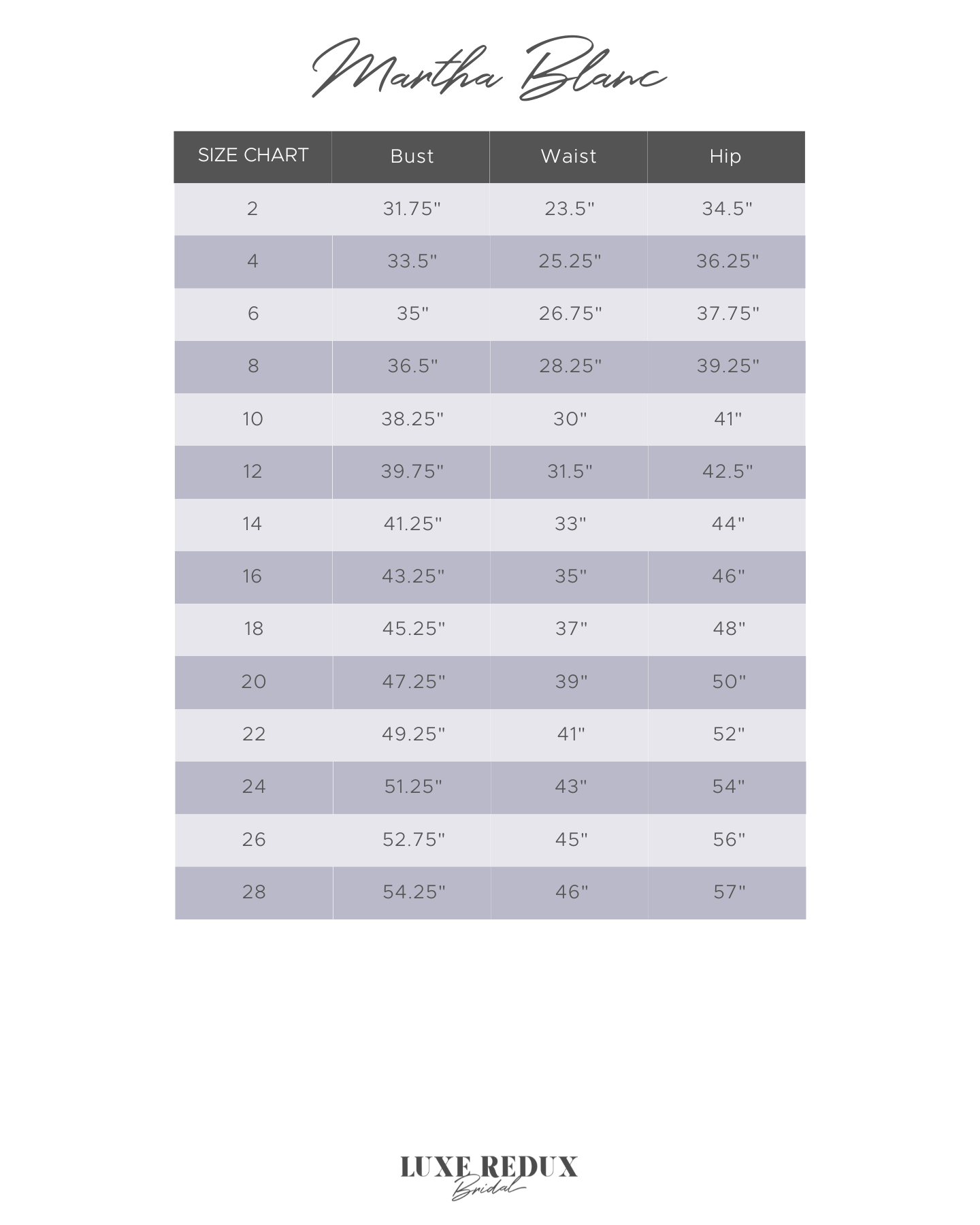 Martha Blanc Gaux - Size 10 Size Chart